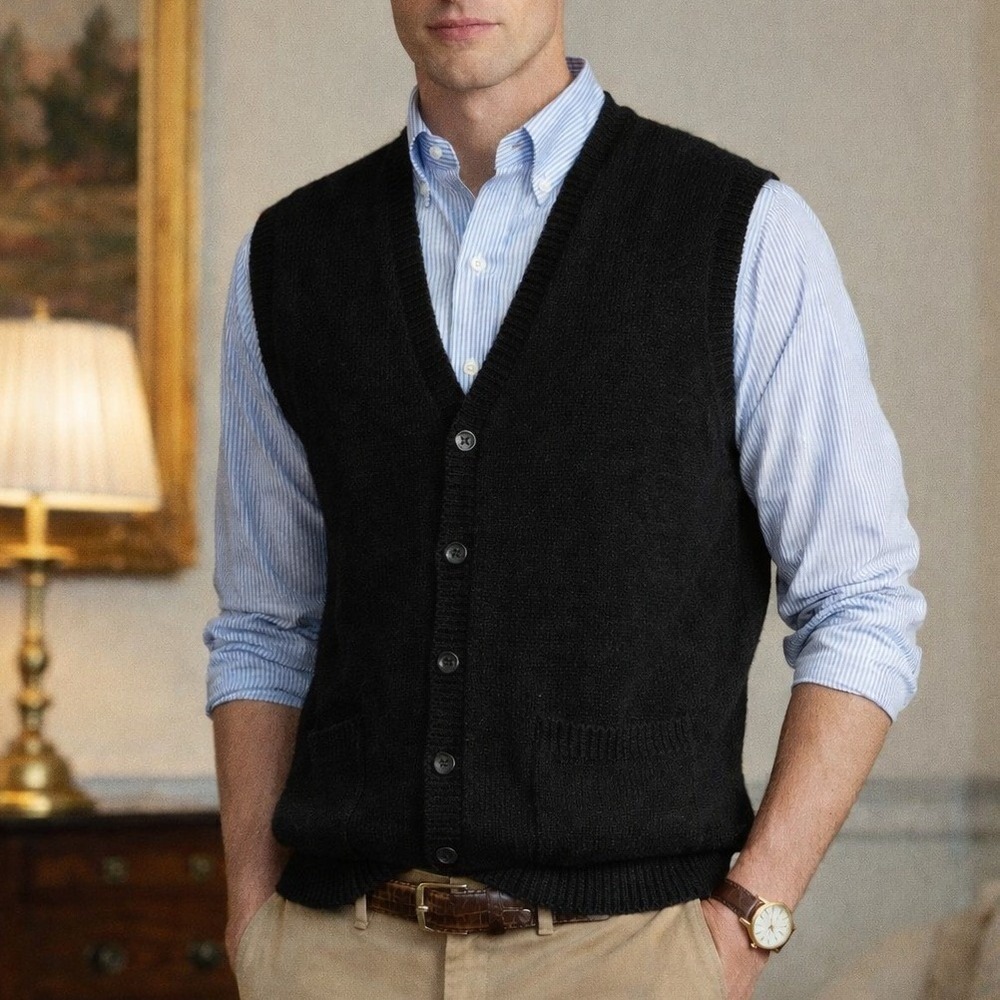 Black Sz Large Black Wool Blend Button Front Sweater Vest Eclectic Grandpa Warm